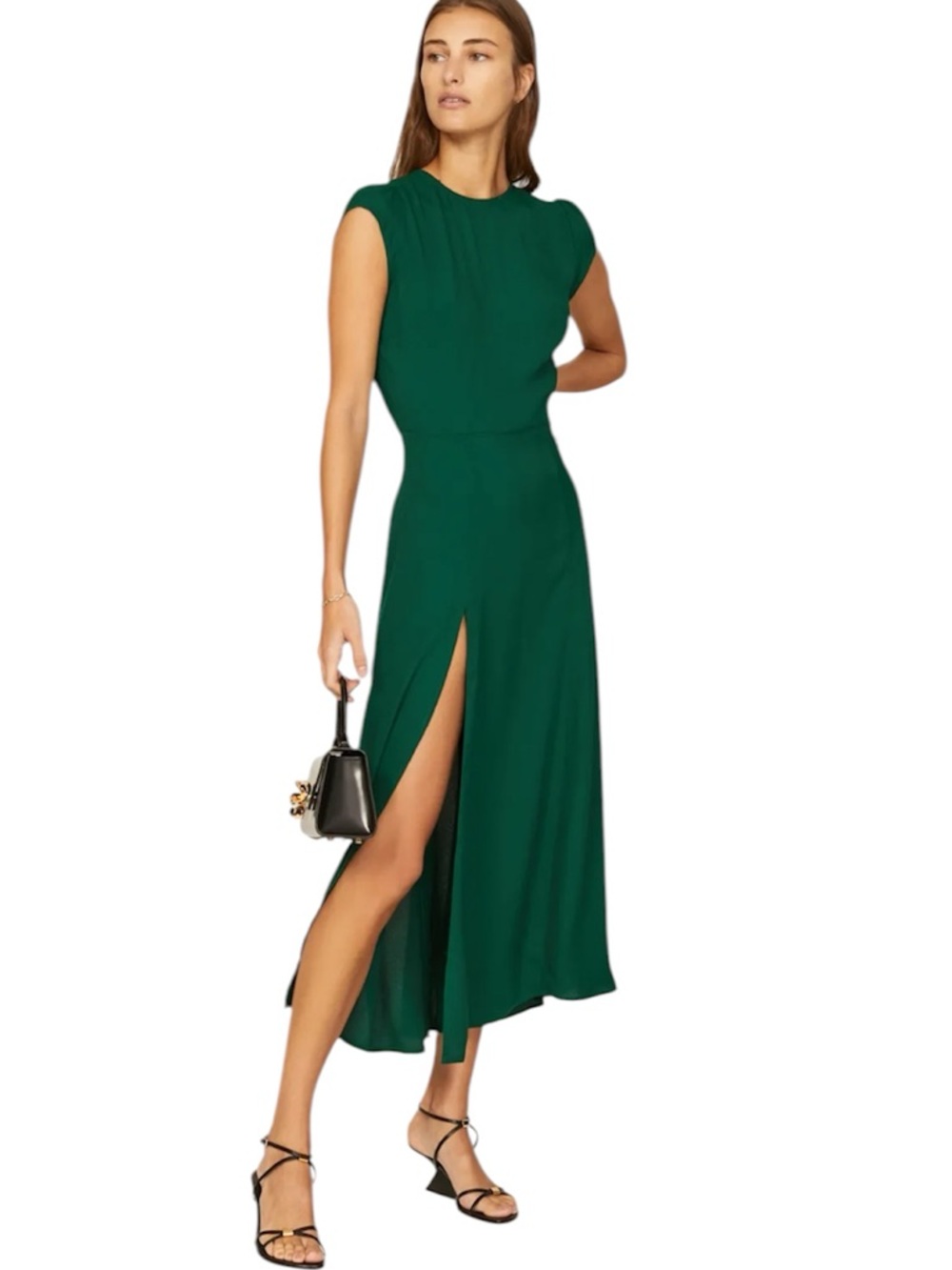 Reformation Emerald Green Cap-Sleeve Midi Dress with High Slit
